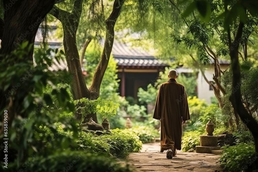 Fototapeta premium Old Chinese monk walking gracefully in a serene garden, surrounded by nature, old Chinese monk Generative AI
