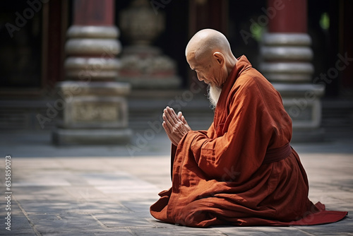 Old Chinese monk bowing respectfully in front of a temple, old Chinese monk Generative AI
