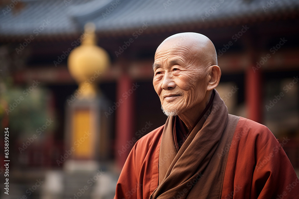 Serene portrait of an old Chinese monk against a temple backdrop, old Chinese monk Serene portrait of an old Chinese monk against a temple backdrop, old Chinese monk