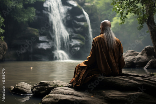 Old Chinese monk in a quiet moment, gazing at a waterfall's flowing waters, old Chinese monk 