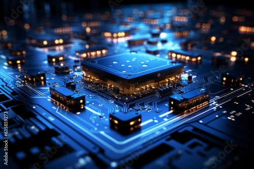 Obraz na płótnie Inside a high performance computer. Computer circuit board and CPU cooling fans illuminated by internal LEDs inside a server class computer.