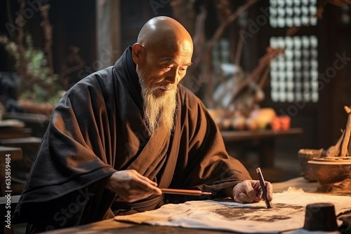 Old Chinese monk engaged in traditional brush painting, creating art, old Chinese monk  