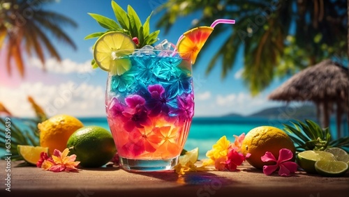 a refreshing tropical drink with vibrant colors and garnishes, evoking the feeling of a relaxing getaway on a sunny beach