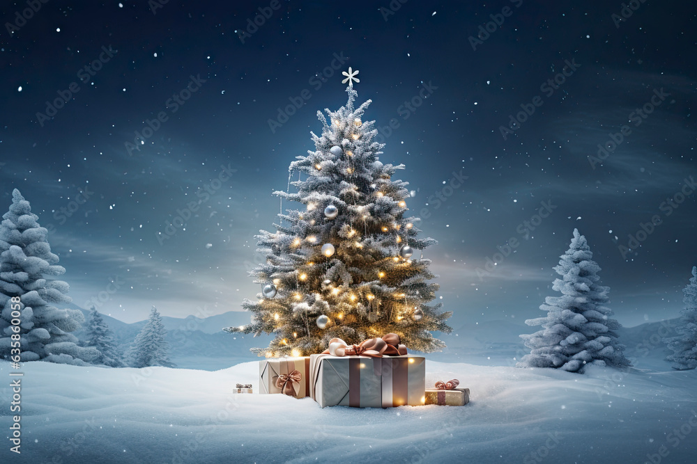 Image generated with AI. Christmas fir tree in snowy winter landscape