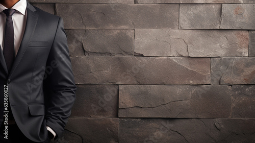 A close-up shot of a businessman in a suit standing near a textured wall  his confident demeanor reflecting determination  wide banner with copy space area Generative AI