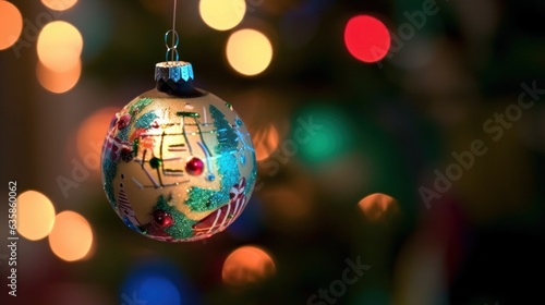 Christmas bauble hanging on christmas tree with bokeh background