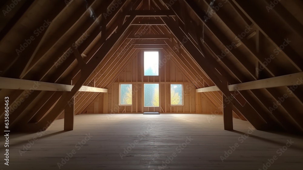 Interior view of wooden house structure 