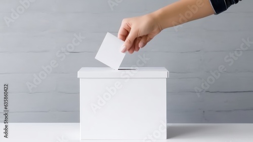 Hand drop a white paper vote letter into the box 