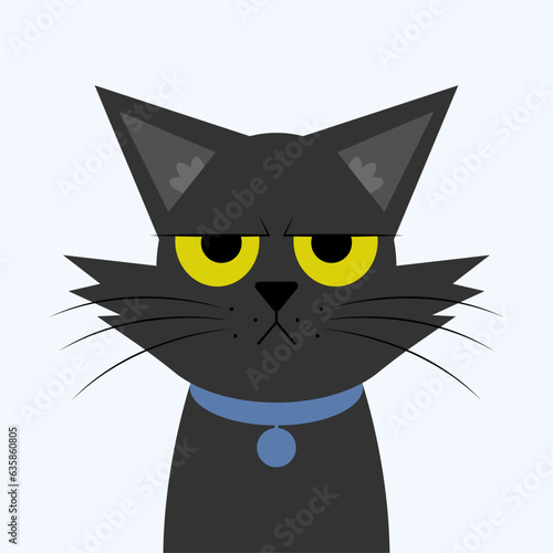 Dissatisfied black cat with a blue collar