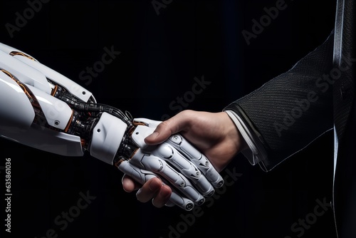 handshake between AI robot and business human man