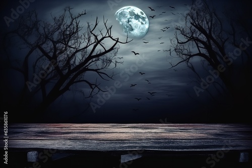 halloween dark night scene with full moon and wood stage for product placement mockup