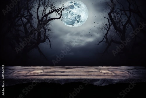 halloween dark night scene with full moon and wood stage for product placement mockup © Pedro