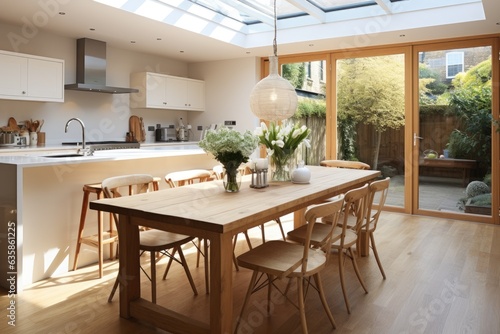 a contemporary kitchen with dining area and window