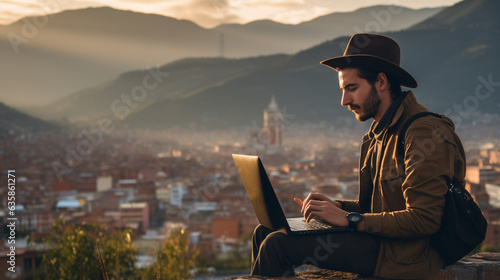 a colombian man is using a laptop with a city background © racesy