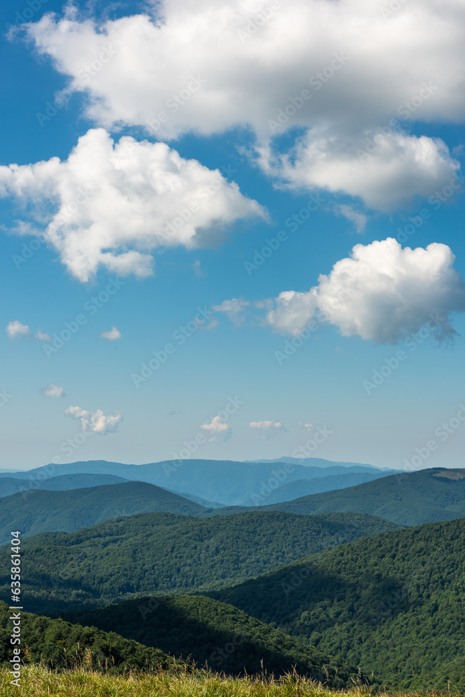 Wilderness and scenic nature and alpine landscape at summer in Bieszczady Mountains, Carpathians, Poland.