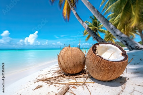 Coconuts halve and trees on beach. Escape. Beachside coconut indulgence