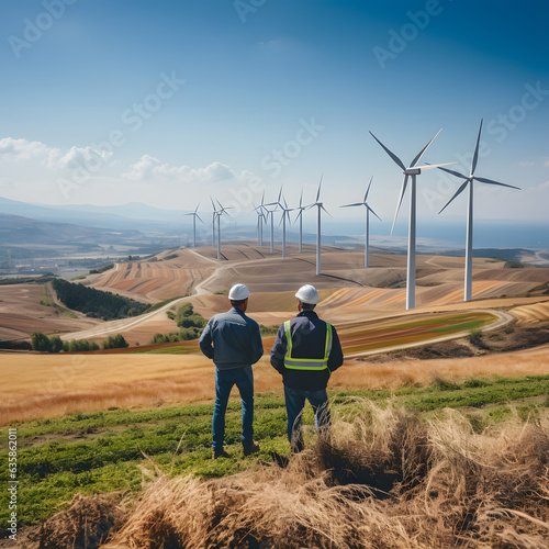 A back view showcases wind turbine workers against a backdrop of turbines and blue skies in work clothes and helmet. This image captures the blend of human effort with sustainable technology.