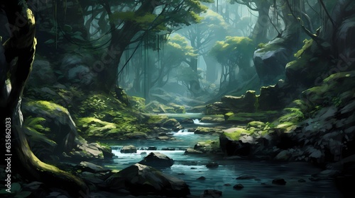 The River Bank with Flowers and Trees.Deep Forest. Video Game's Digital CG Artwork, Concept Illustration, Realistic Cartoon Style Background. Fantasy Backdrop.Generative AI.  © info@nextmars.com