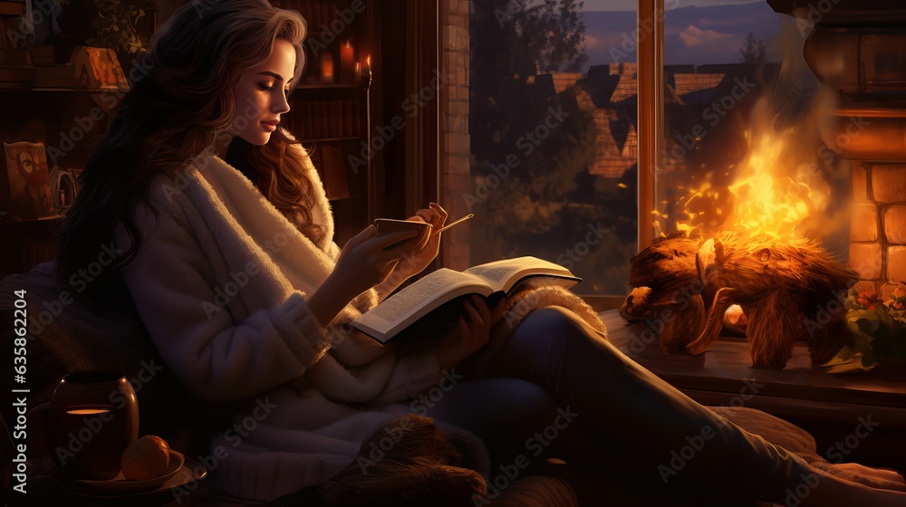 Young woman drinking tea and reading book near fireplace at home