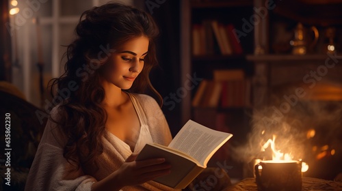 Young woman drinking tea and reading book near fireplace at home