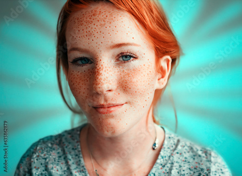 Portrait of young woman with freckle and orange hair.Image generated with artificial intelligence