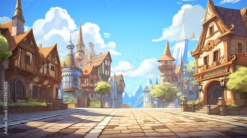 Fairy Tale Town.Europe town street. Fiction Backdrop. Concept Art. Realistic Illustration. Video Game Digital CG Artwork. Industry Scenery.Concept Art Scenery. Book Illustration. Generative AI
