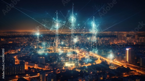 Antenna communication technology with city background. Communication tower connect to data of smart city. Telecommunication 5G. Digital Transformation IoT (Internet of Things). generative ai