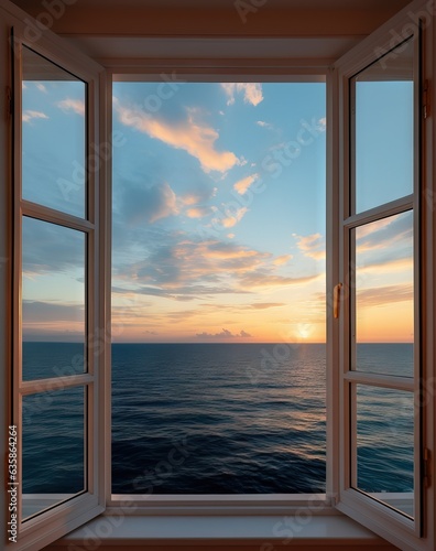 large open window overlooking the ocean with blue ocean © Fotostockerspb