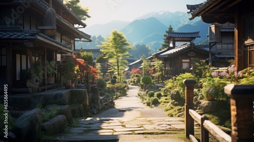 Kiso valley is the old town or Japanese traditional wooden buildings for the travelers walking at historic old street in Narai-juku , Nagano Prefecture, JAPAN. generative ai