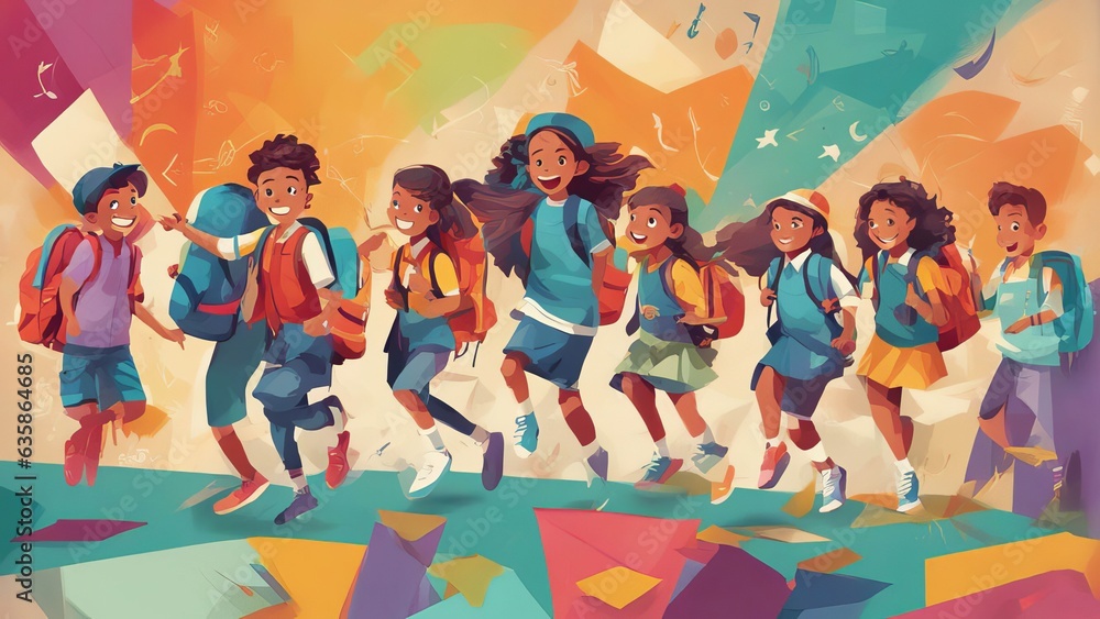 school children on a colorful paper wall background. Children with backpacks. Children are happy and ready to learn. Dynamic images. Positive cheerful and active jumps school children on a colorful paper wall background. Children with backpacks. Children are happy and ready to learn. Dynamic images. Positive cheerful and active jumps