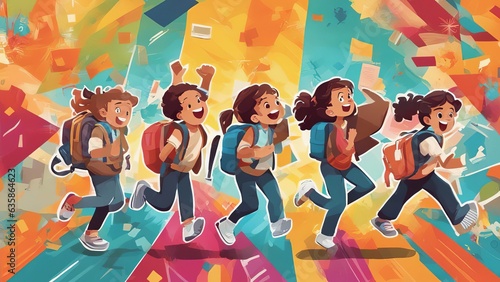 school children on a colorful paper wall background. Children with backpacks. Children are happy and ready to learn. Dynamic images. Positive cheerful and active jumps