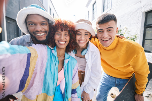 Friends, selfie and city with happy, gen z and smile of university students for social media. Profile picture, portrait and diversity of young people on a urban street on vacation with trendy fashion