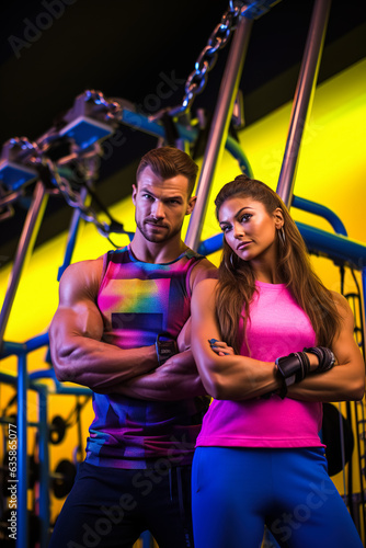 Athletic couple posing in the gym in beautiful colorful outfits