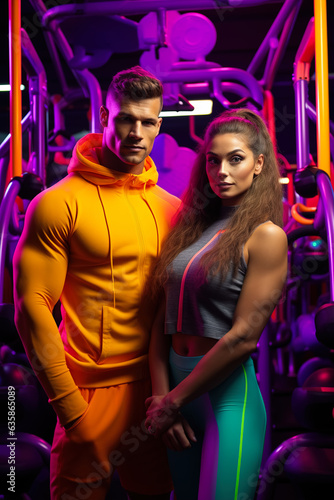 Athletic couple posing in the gym in beautiful colorful outfits