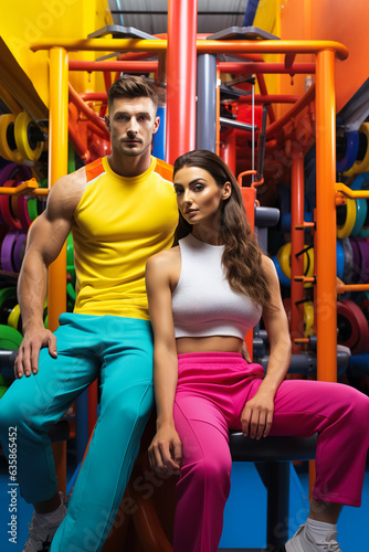 Athletic couple posing in the gym in beautiful colorful outfits