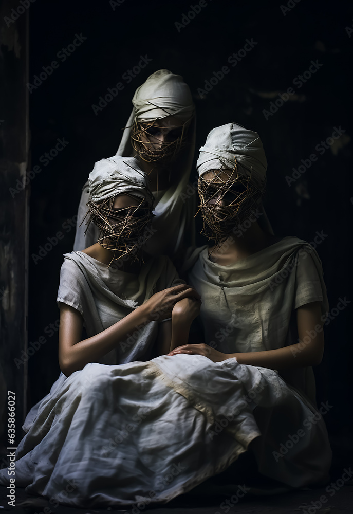 Mummies Family coming from dead in white rusty coffin, hollow mysterious portrait  