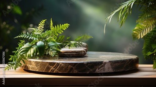 Stone podium with freshy Botanical leaves Clean soft color background photo