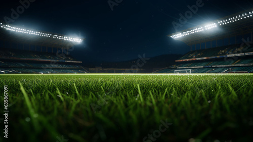Ethereal Serenade: An Immersive 3D Rendered Panoramic Inside View of a Stadium, Featuring a Close-Up of Velvety Grass Amidst the Enigmatic Gleam of Blurred Lights