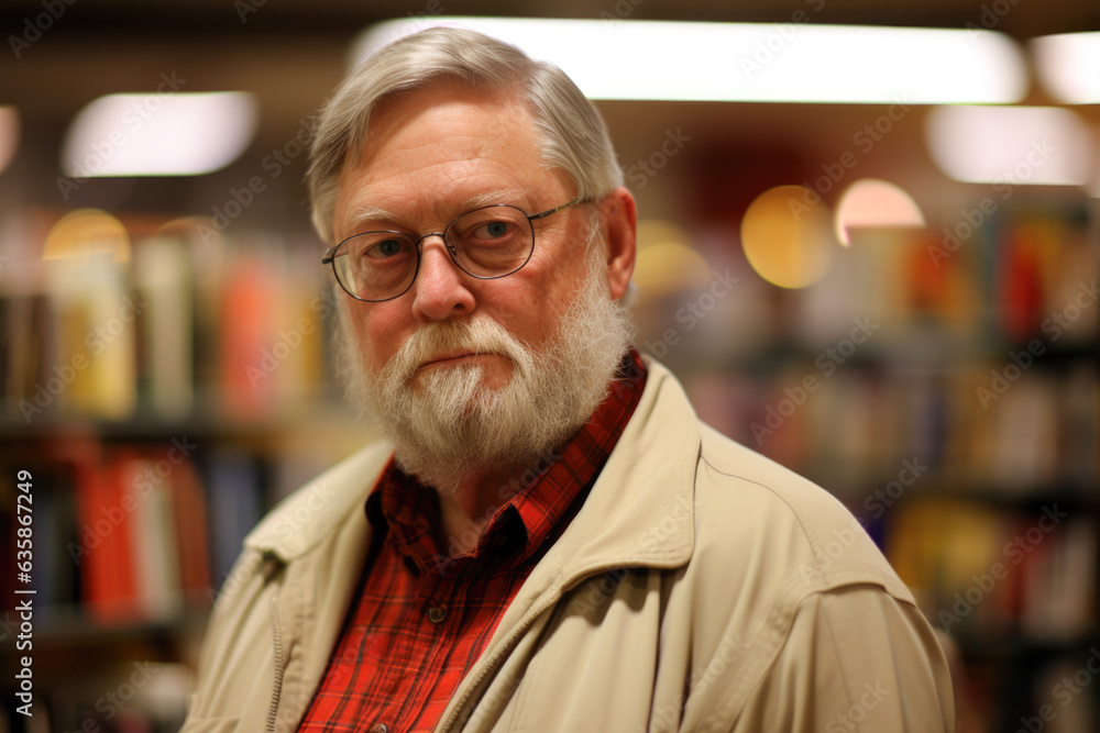 An older man with a beard and glasses in a library standing in front of book. He is wearing a beige jacket and a red plaid shirt, bookshelves with various books An older man with a beard and glasses in a library standing in front of book. He is wearing a beige jacket and a red plaid shirt, bookshelves with various books