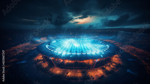 Aerial Symphony of Radiance: A Mesmerizing 3D Rendered Panoramic Top View of an Illuminated Stadium, Resplendent with Glowing Lights and Vibrant Energy