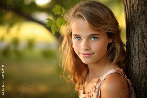 Portrait of a young beautiful girl leaning against a tree