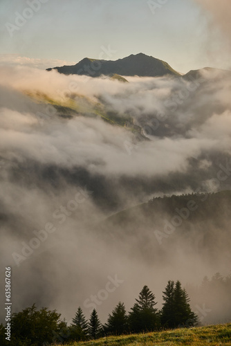The fog over the Col de la Hourcère from where you can see great peaks of the Pyrenees such as Pic d'Anie, in the French Pyrenees region