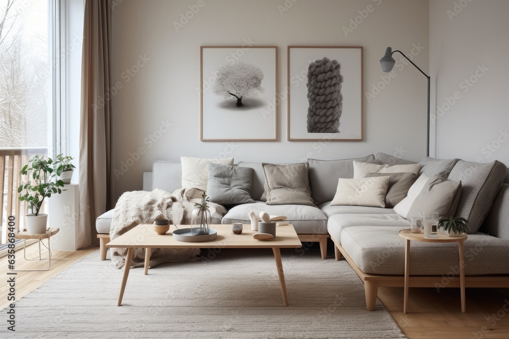 Fototapeta premium Scandinavian living room with minimalist design.
