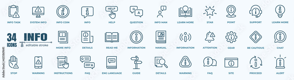 Vector set of information line icons. Contains icons instructions, a privacy policy, an info center, manual, rule, guide, reference, help and more.  - obrazy, fototapety, plakaty 