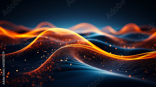 An impressive 3D rendering that features a dynamic wave abstract background. Network and big data concept.