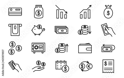 Vector set of money movement business icons. Editable stroke. Collection of finance icons. Profit, gain, investment, banking and payments. Money signs. Buying and paying icons.