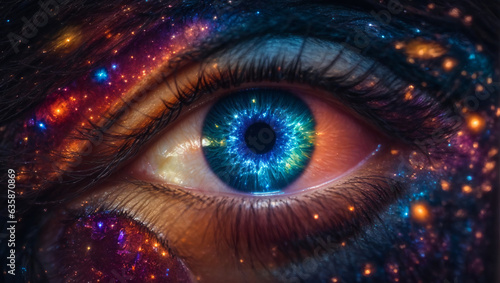 galaxies and stars are reflected in a person\'s eyes, suggesting a deep connection between human perception and the cosmos