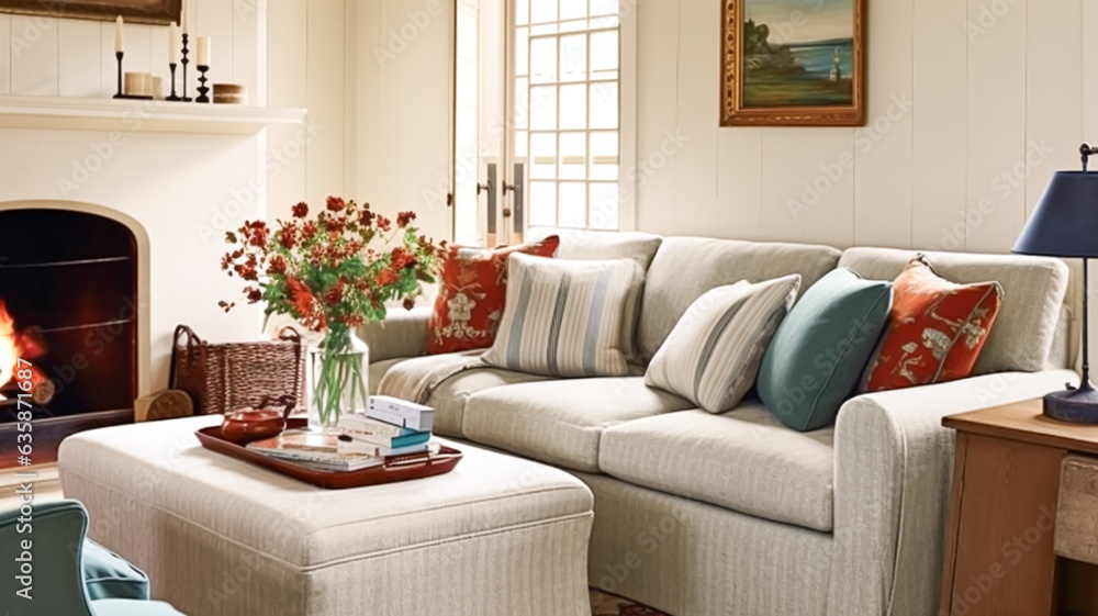 Fototapeta premium Interior design, home decor, sitting room and living room, white sofa and furniture in English country house and elegant cottage style