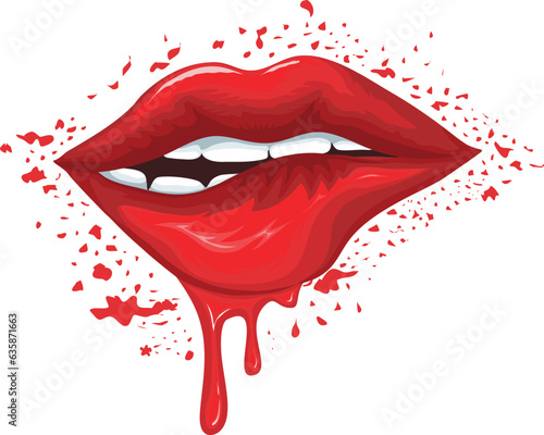 Sexy red lips, biting lip with dripping  and splash paint. vector illustration