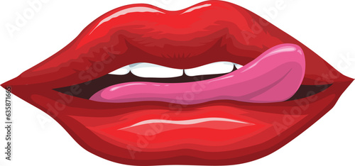 Sexy licking lips, red lips transparent background. vector illustration